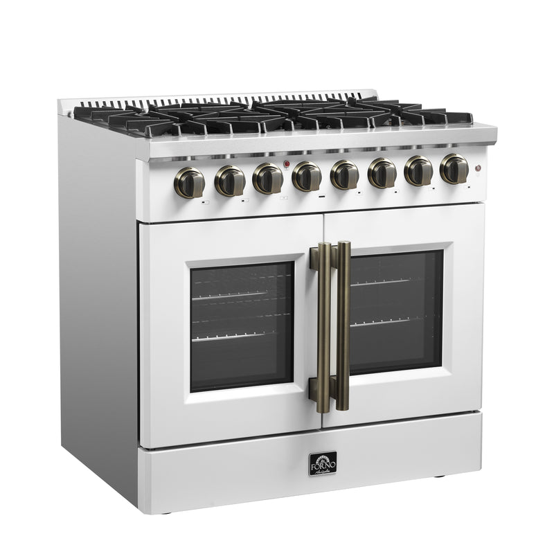 Forno Galiano 36" Freestanding French Door Dual Fuel Range in White, True Convection, 6 Burners, with Antique Brass Handles, FFSGS6356-36WHT