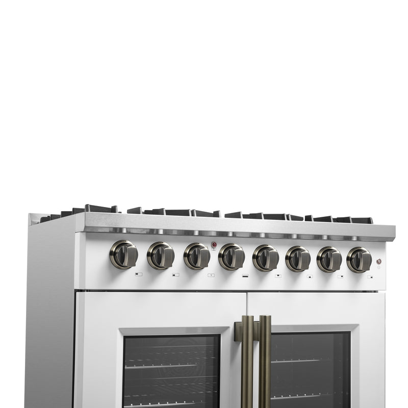Forno Galiano 36" Freestanding French Door Dual Fuel Range in White, True Convection, 6 Burners, with Antique Brass Handles, FFSGS6356-36WHT