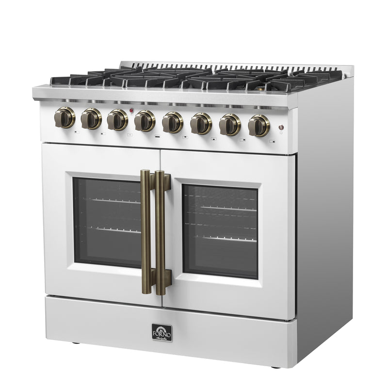 Forno Galiano 36" Freestanding French Door Dual Fuel Range in White, True Convection, 6 Burners, with Antique Brass Handles, FFSGS6356-36WHT