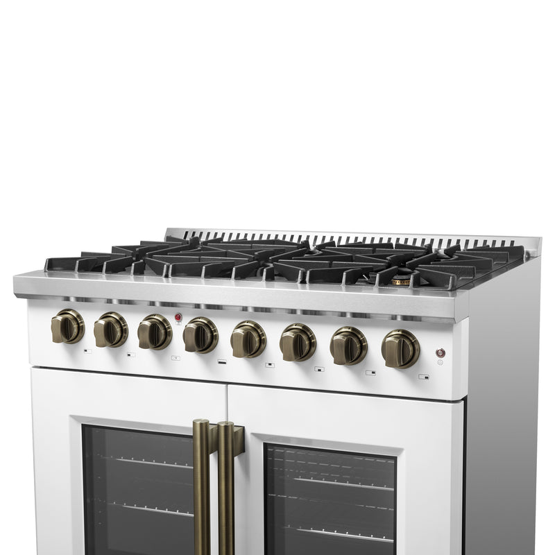 Forno Galiano 36" Freestanding French Door Dual Fuel Range in White, True Convection, 6 Burners, with Antique Brass Handles, FFSGS6356-36WHT