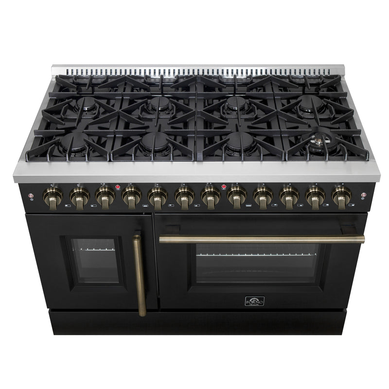 Forno Galiano 48" Freestanding French Door Dual Fuel Range in Black, Double Oven, 8 Burners, with Antique Brass Handles, FFSGS6356-48BLK
