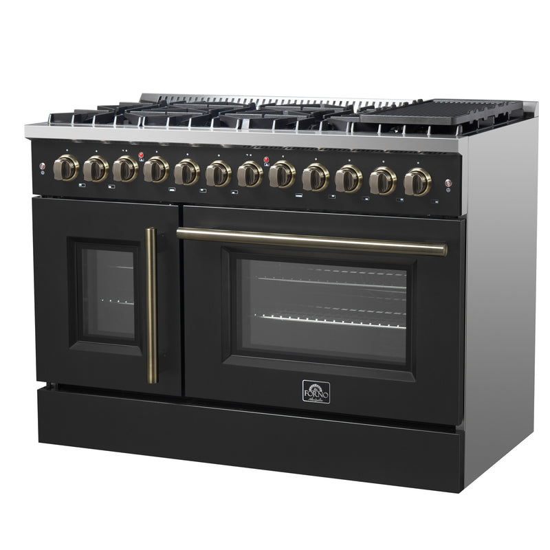 Forno Galiano 48" Freestanding French Door Dual Fuel Range in Black, Double Oven, 8 Burners, with Antique Brass Handles, FFSGS6356-48BLK