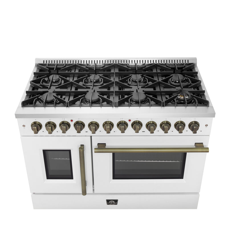 Forno Galiano 48" Freestanding French Door Dual Fuel Range in White, Double Oven, 8 Burners, with Antique Brass Handles, FFSGS6356-48WHT