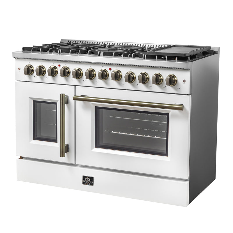 Forno Galiano 48" Freestanding French Door Dual Fuel Range in White, Double Oven, 8 Burners, with Antique Brass Handles, FFSGS6356-48WHT