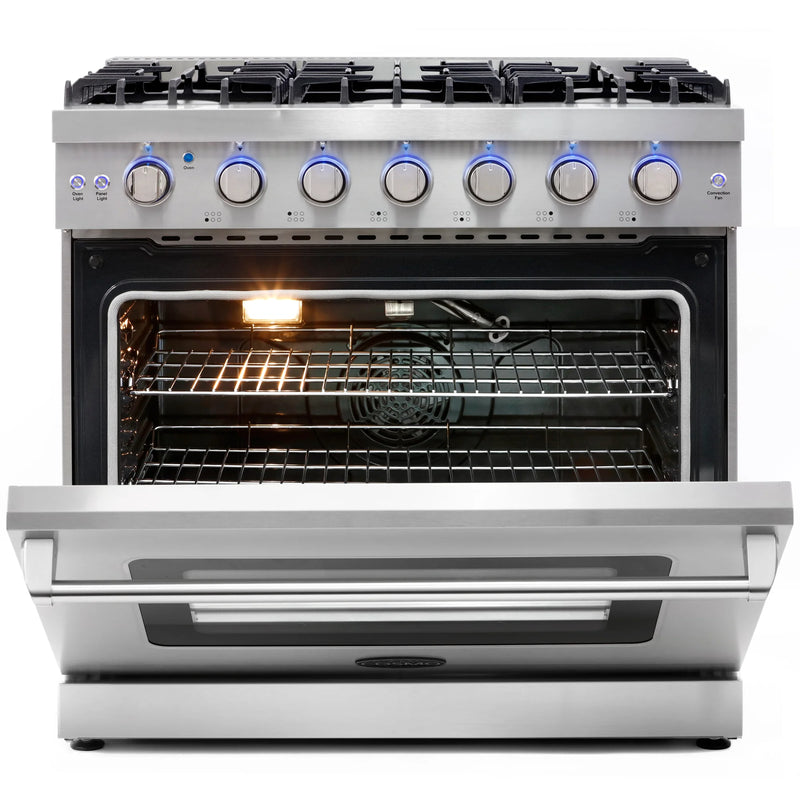 Cosmo 36" Haven Collection 6.0 cu. ft. Freestanding Gas Range in Matte Black, Convection Fan, 6 Sealed Burners, COS-EPGR366
