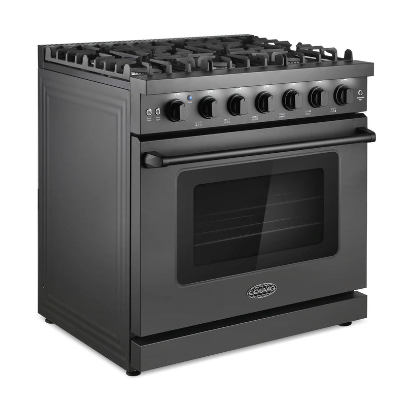 Cosmo 36" Haven Collection 6.0 cu. ft. Freestanding Gas Range in Matte Black, Convection Fan, 6 Sealed Burners, COS-EPGR366-BK