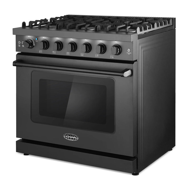 Cosmo 36" Haven Collection 6.0 cu. ft. Freestanding Gas Range in Matte Black, Convection Fan, 6 Sealed Burners, COS-EPGR366-BK