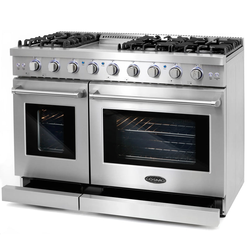 Cosmo 48" Haven Collection 7.0 cu. ft. Freestanding Double Oven Gas Range in Stainless Steel, 6 Sealed Burners, Griddle, COS-EPGR486G