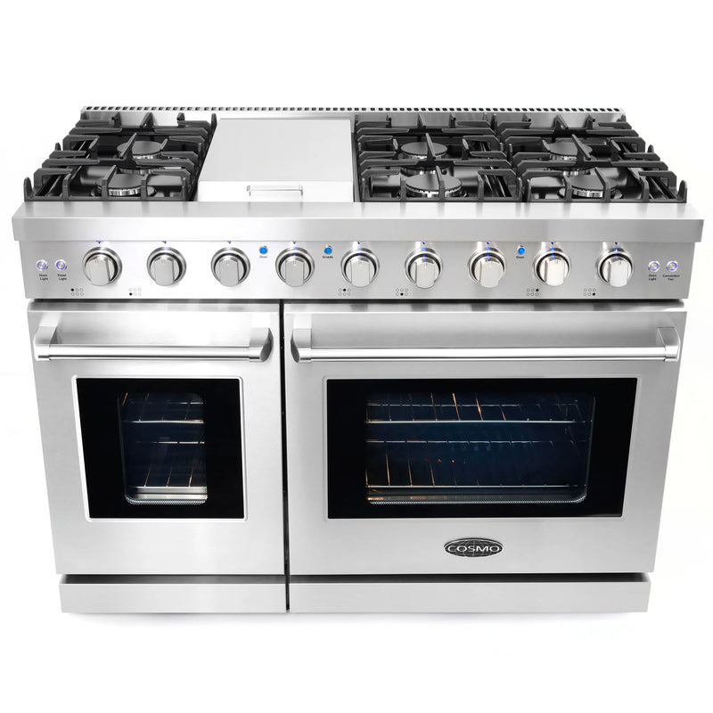 Cosmo 48" Haven Collection 7.0 cu. ft. Freestanding Double Oven Gas Range in Stainless Steel, 6 Sealed Burners, Griddle, COS-EPGR486G