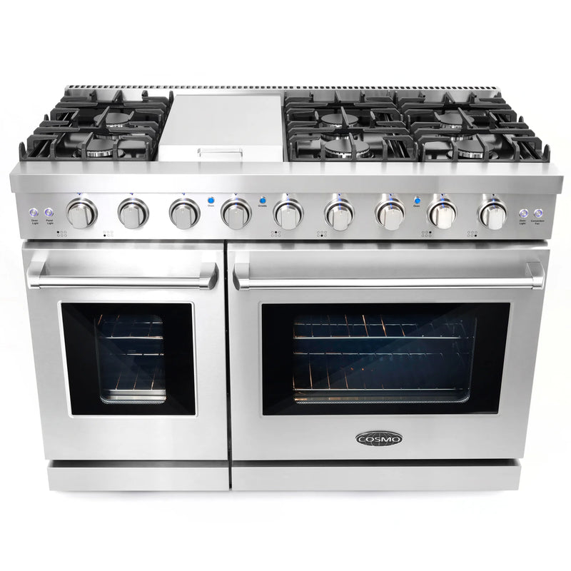Cosmo 48" Haven Collection 7.0 cu. ft. Freestanding Double Oven Gas Range in Stainless Steel, 6 Sealed Burners, Griddle, COS-EPGR486G