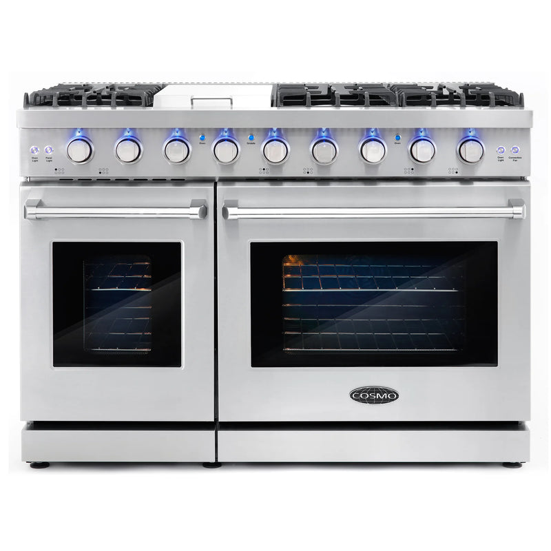Cosmo 48" Haven Collection 7.0 cu. ft. Freestanding Double Oven Gas Range in Stainless Steel, 6 Sealed Burners, Griddle, COS-EPGR486G