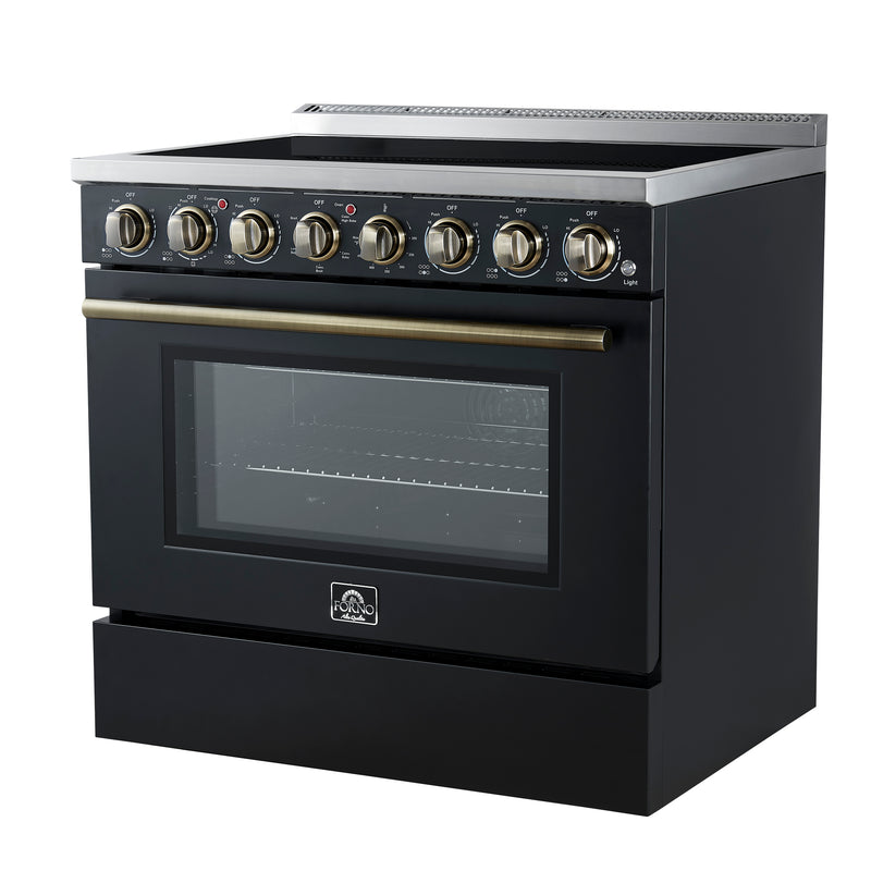 Forno Paolo 36" Freestanding Electric Range in Black, True Convection, 6 Burners, with Antique Brass Handles, FFSEL6011-36BLK