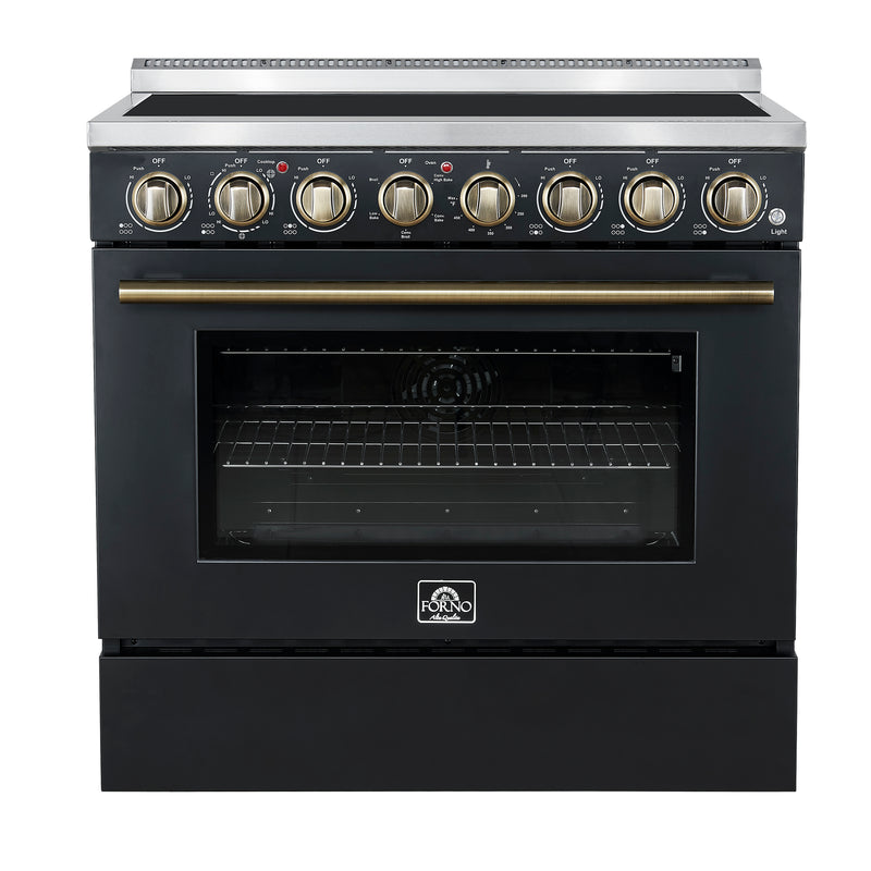 Forno Paolo 36" Freestanding Electric Range in Black, True Convection, 6 Burners, with Antique Brass Handles, FFSEL6011-36BLK