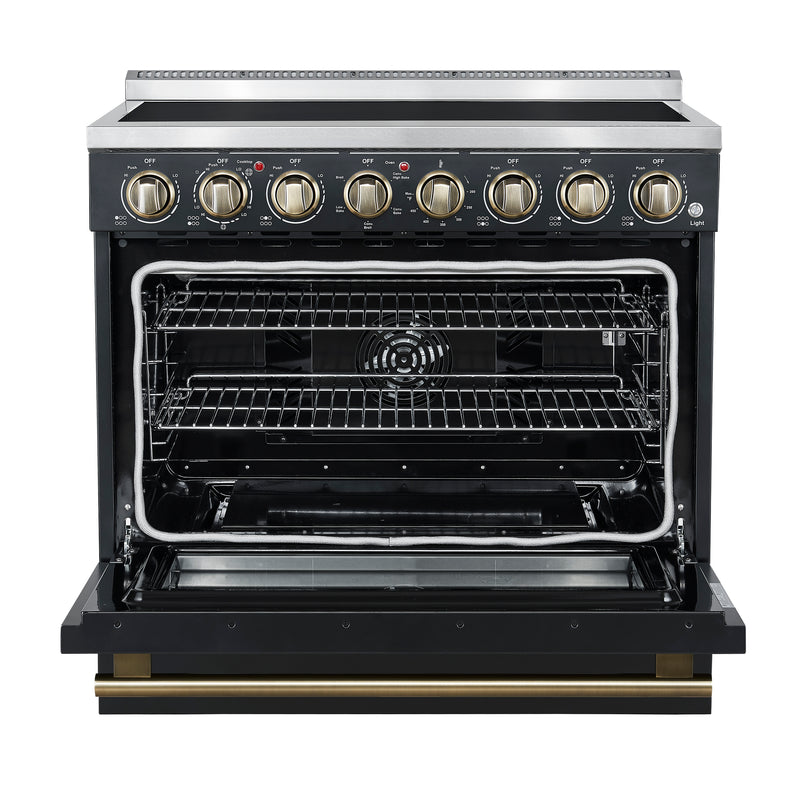 Forno Paolo 36" Freestanding Electric Range in Black, True Convection, 6 Burners, with Antique Brass Handles, FFSEL6011-36BLK