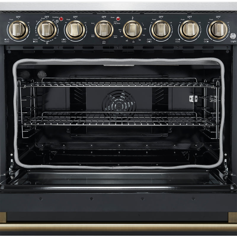 Forno Paolo 36" Freestanding Electric Range in Black, True Convection, 6 Burners, with Antique Brass Handles, FFSEL6011-36BLK
