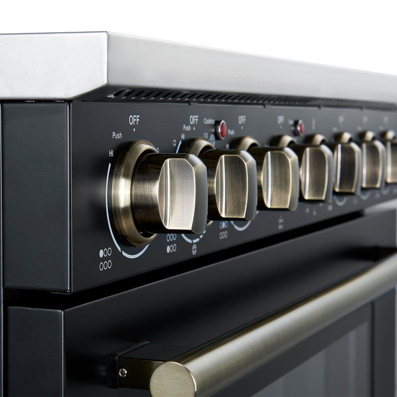 Forno Paolo 36" Freestanding Electric Range in Black, True Convection, 6 Burners, with Antique Brass Handles, FFSEL6011-36BLK