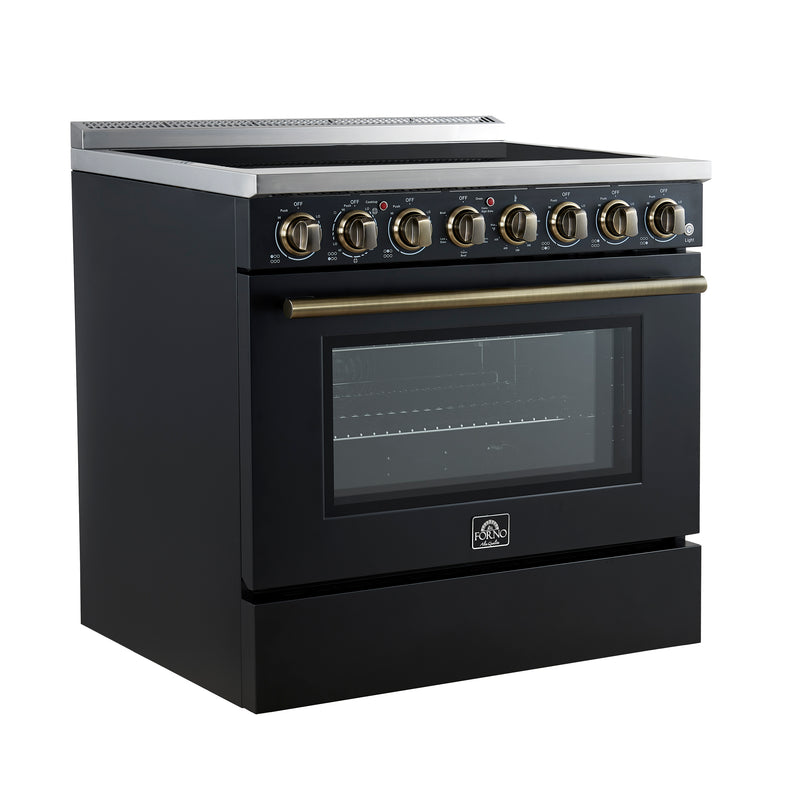 Forno Paolo 36" Freestanding Electric Range in Black, True Convection, 6 Burners, with Antique Brass Handles, FFSEL6011-36BLK
