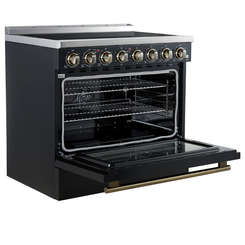 Forno Paolo 36" Freestanding Electric Range in Black, True Convection, 6 Burners, with Antique Brass Handles, FFSEL6011-36BLK