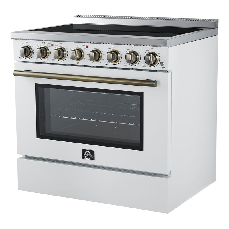Forno Paolo 36" Freestanding Electric Range in White, True Convection, 6 Burners, with Antique Brass Handles, FFSEL6011-36WHT
