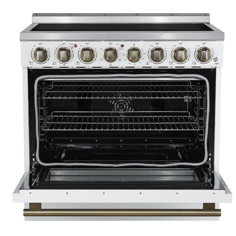 Forno Paolo 36" Freestanding Electric Range in White, True Convection, 6 Burners, with Antique Brass Handles, FFSEL6011-36WHT