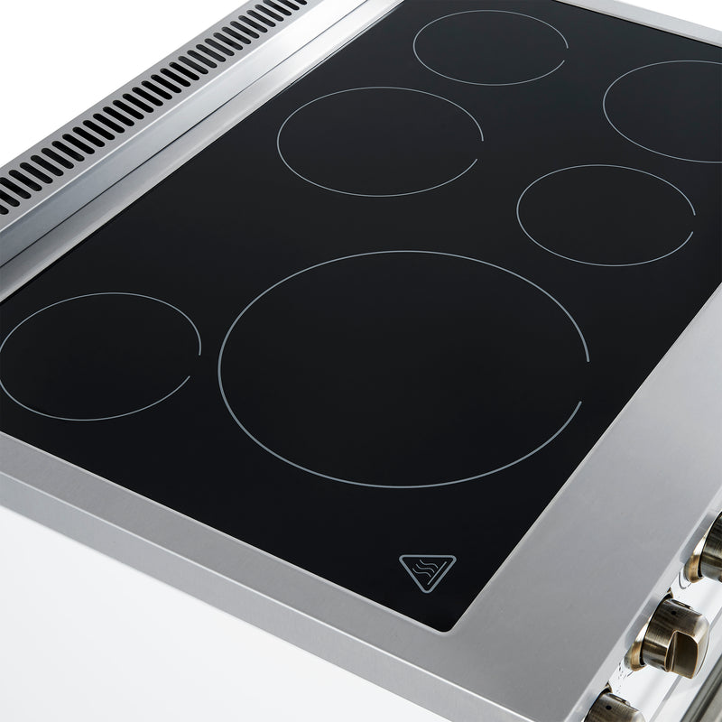 Forno Paolo 36" Freestanding Electric Range in White, True Convection, 6 Burners, with Antique Brass Handles, FFSEL6011-36WHT