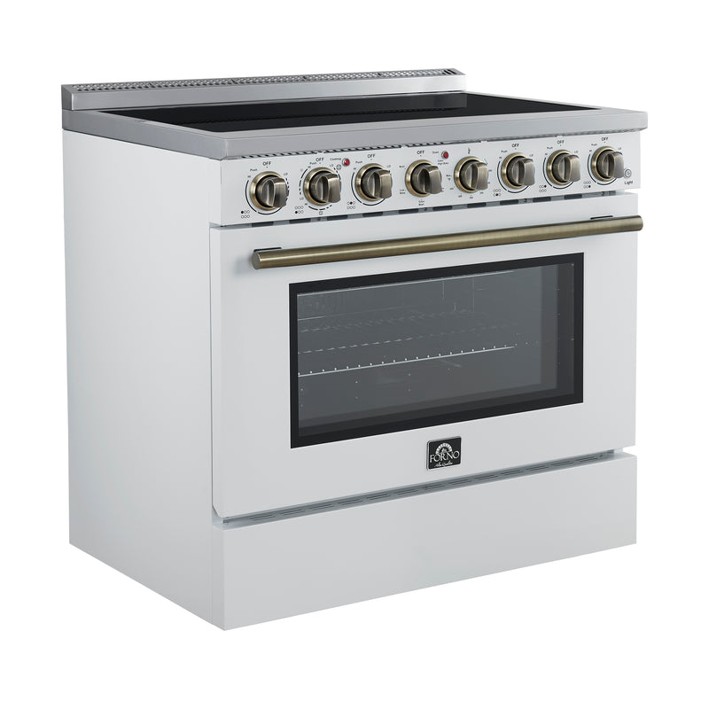 Forno Paolo 36" Freestanding Electric Range in White, True Convection, 6 Burners, with Antique Brass Handles, FFSEL6011-36WHT