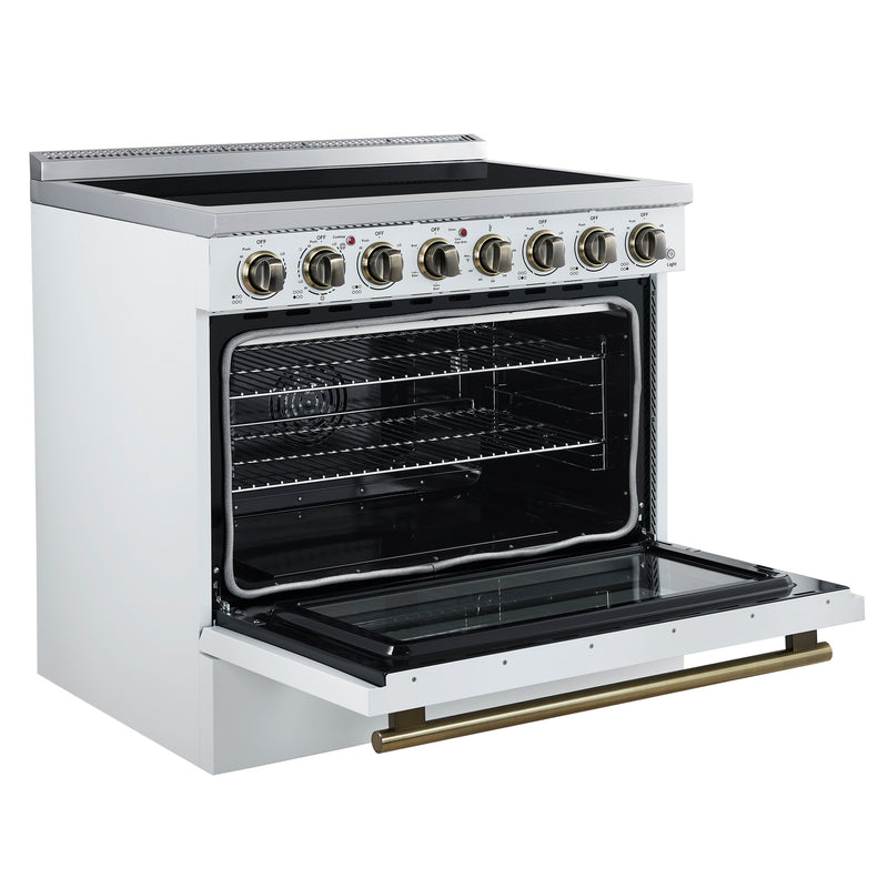 Forno Paolo 36" Freestanding Electric Range in White, True Convection, 6 Burners, with Antique Brass Handles, FFSEL6011-36WHT