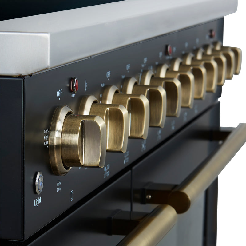 Forno Paolo 48" Freestanding Electric Range in Black, True Convection, 7 Burners, with Antique Brass Handles, FFSEL6011-48BLK