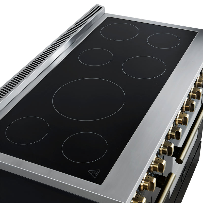 Forno Paolo 48" Freestanding Electric Range in Black, True Convection, 7 Burners, with Antique Brass Handles, FFSEL6011-48BLK