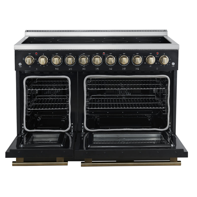 Forno Paolo 48" Freestanding Electric Range in Black, True Convection, 7 Burners, with Antique Brass Handles, FFSEL6011-48BLK