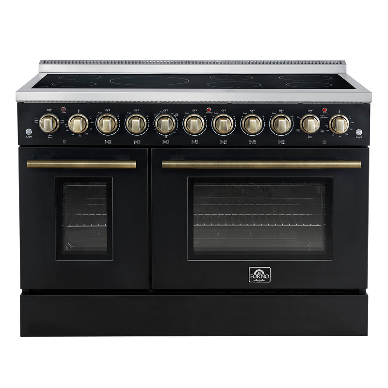 Forno Paolo 48" Freestanding Electric Range in Black, True Convection, 7 Burners, with Antique Brass Handles, FFSEL6011-48BLK