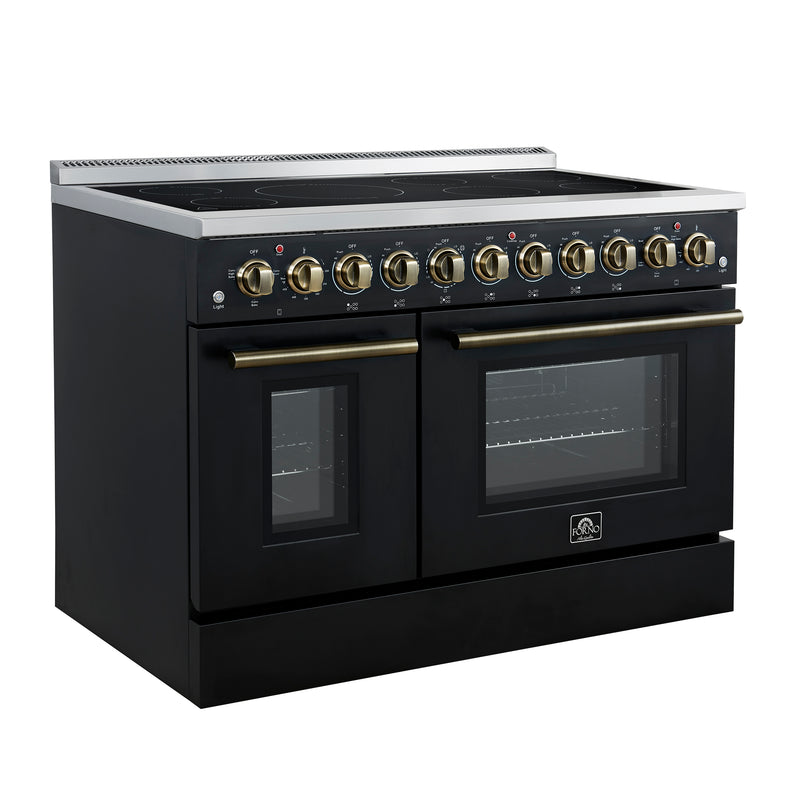 Forno Paolo 48" Freestanding Electric Range in Black, True Convection, 7 Burners, with Antique Brass Handles, FFSEL6011-48BLK
