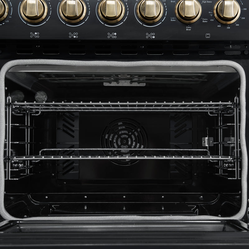 Forno Paolo 48" Freestanding Electric Range in Black, True Convection, 7 Burners, with Antique Brass Handles, FFSEL6011-48BLK