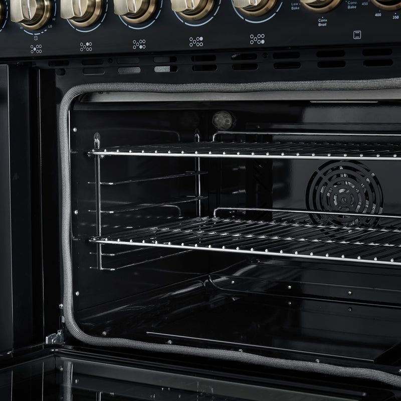 Forno Paolo 48" Freestanding Electric Range in Black, True Convection, 7 Burners, with Antique Brass Handles, FFSEL6011-48BLK