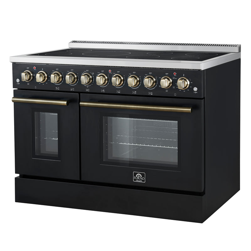 Forno Paolo 48" Freestanding Electric Range in Black, True Convection, 7 Burners, with Antique Brass Handles, FFSEL6011-48BLK