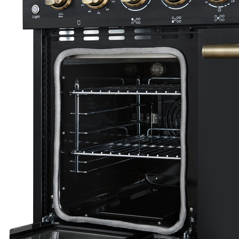 Forno Paolo 48" Freestanding Electric Range in Black, True Convection, 7 Burners, with Antique Brass Handles, FFSEL6011-48BLK