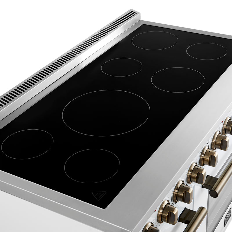 Forno Paolo 48" Freestanding Electric Range in White, True Convection, 7 Burners, with Antique Brass Handles, FFSEL6011-48WHT