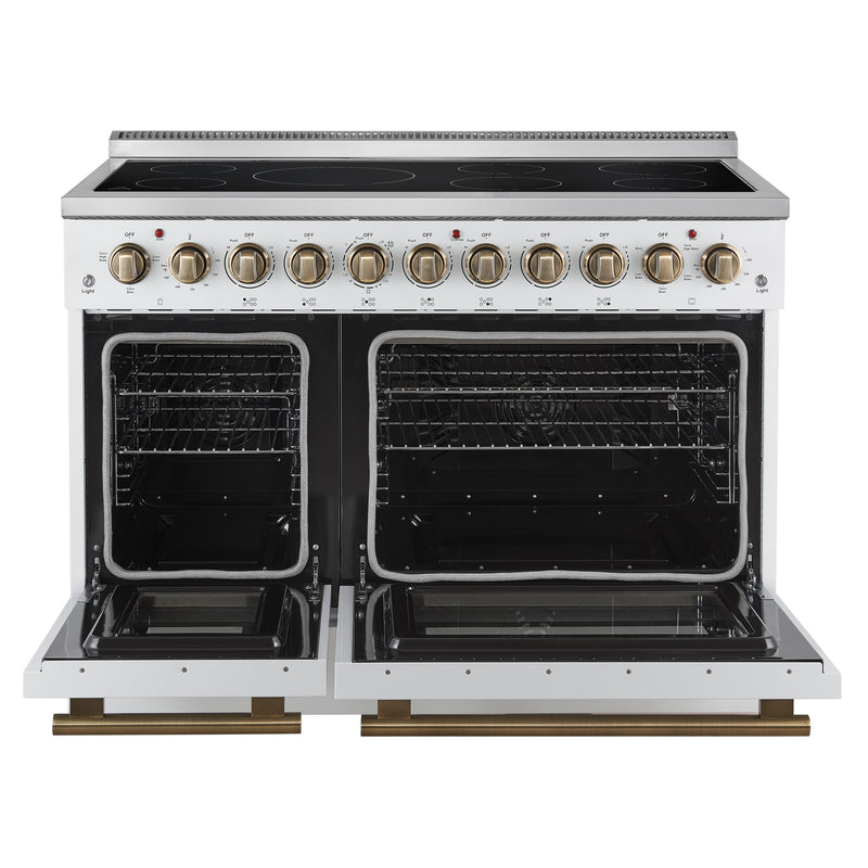 Forno Paolo 48" Freestanding Electric Range in White, True Convection, 7 Burners, with Antique Brass Handles, FFSEL6011-48WHT