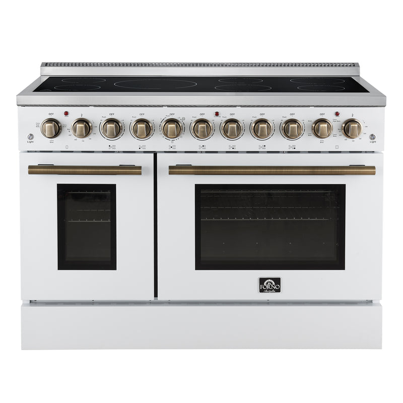 Forno Paolo 48" Freestanding Electric Range in White, True Convection, 7 Burners, with Antique Brass Handles, FFSEL6011-48WHT