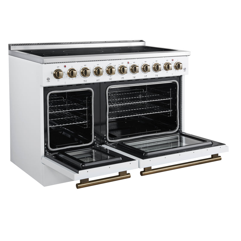 Forno Paolo 48" Freestanding Electric Range in White, True Convection, 7 Burners, with Antique Brass Handles, FFSEL6011-48WHT