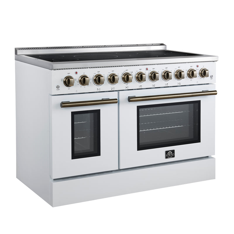 Forno Paolo 48" Freestanding Electric Range in White, True Convection, 7 Burners, with Antique Brass Handles, FFSEL6011-48WHT