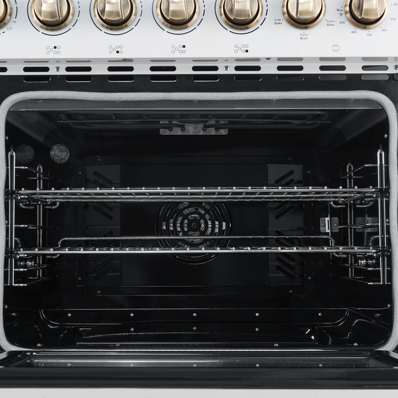 Forno Paolo 48" Freestanding Electric Range in White, True Convection, 7 Burners, with Antique Brass Handles, FFSEL6011-48WHT