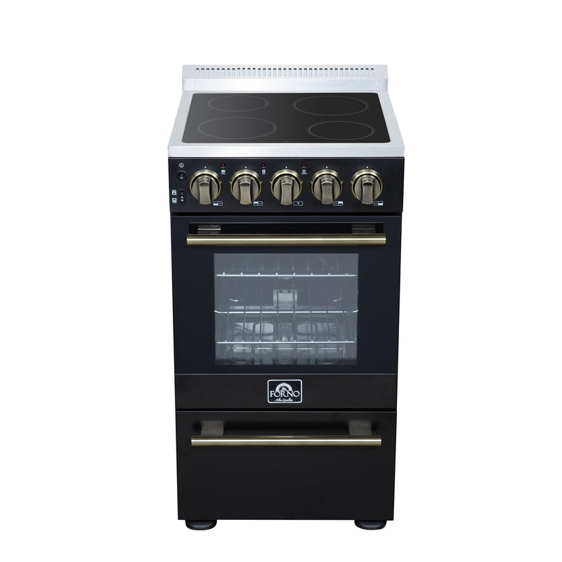 Forno Pallerano 20" Freestanding Electric Range in Black, 4 Burners, Storage Drawer, with Antique Brass Handles, FFSEL6052-20BLK