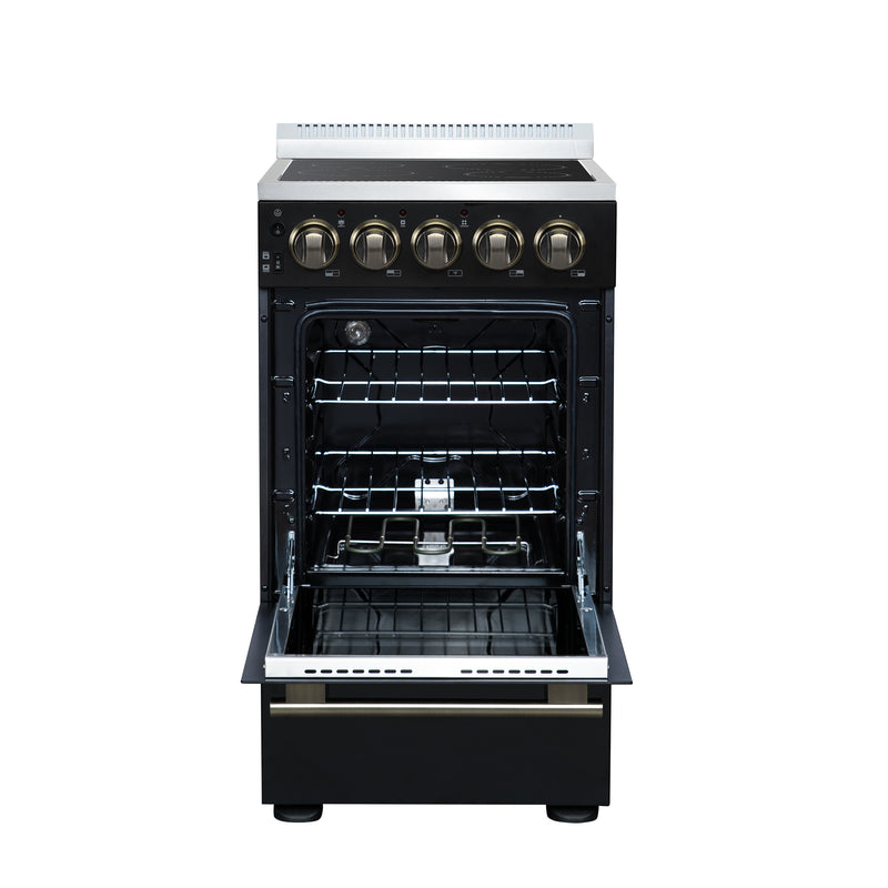 Forno Pallerano 20" Freestanding Electric Range in Black, 4 Burners, Storage Drawer, with Antique Brass Handles, FFSEL6052-20BLK