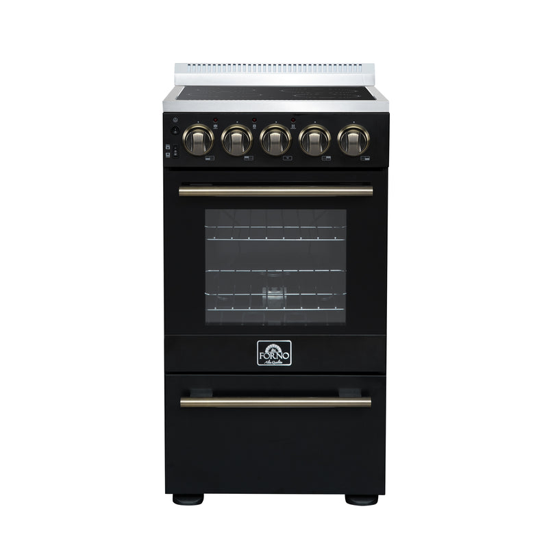 Forno Pallerano 20" Freestanding Electric Range in Black, 4 Burners, Storage Drawer, with Antique Brass Handles, FFSEL6052-20BLK