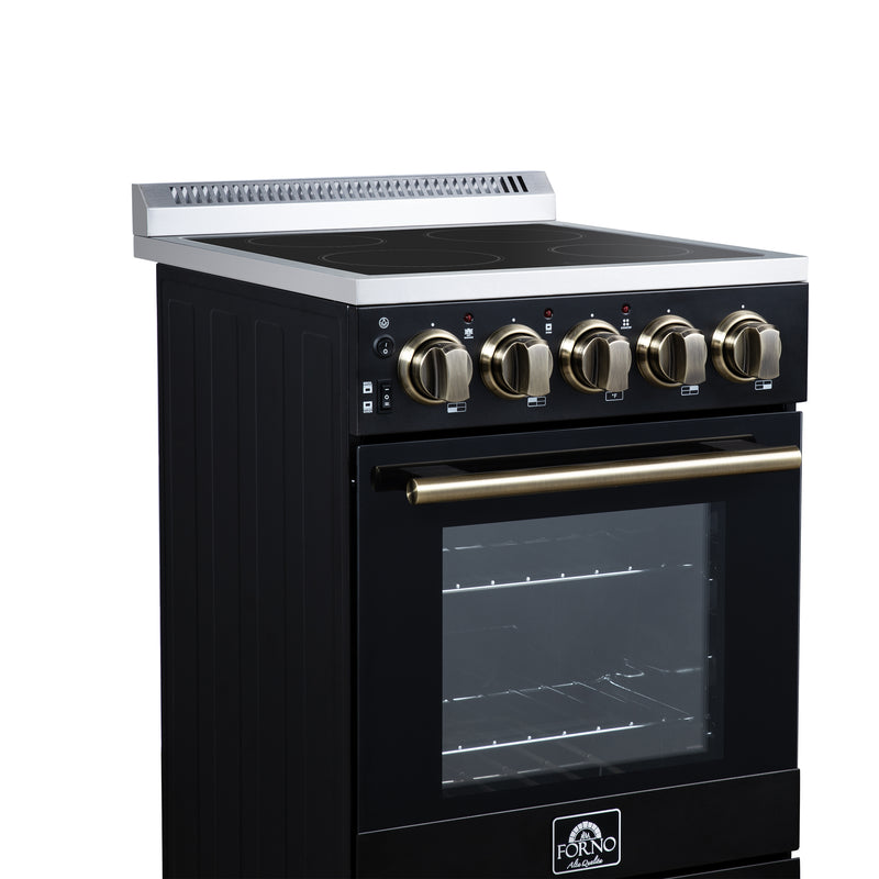 Forno Pallerano 20" Freestanding Electric Range in Black, 4 Burners, Storage Drawer, with Antique Brass Handles, FFSEL6052-20BLK