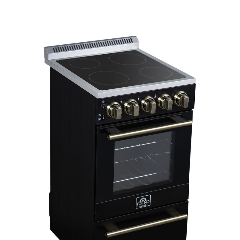 Forno Pallerano 20" Freestanding Electric Range in Black, 4 Burners, Storage Drawer, with Antique Brass Handles, FFSEL6052-20BLK