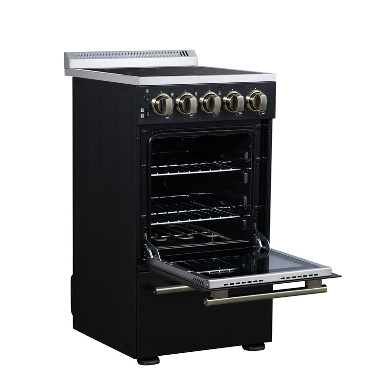 Forno Pallerano 20" Freestanding Electric Range in Black, 4 Burners, Storage Drawer, with Antique Brass Handles, FFSEL6052-20BLK
