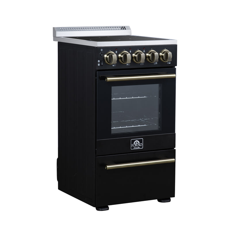 Forno Pallerano 20" Freestanding Electric Range in Black, 4 Burners, Storage Drawer, with Antique Brass Handles, FFSEL6052-20BLK