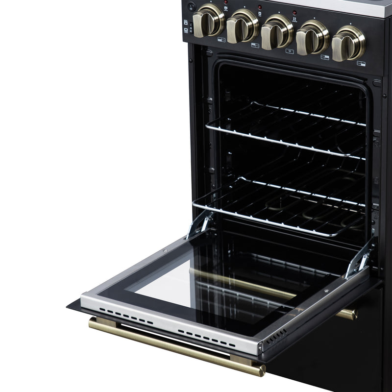 Forno Pallerano 20" Freestanding Electric Range in Black, 4 Burners, Storage Drawer, with Antique Brass Handles, FFSEL6052-20BLK